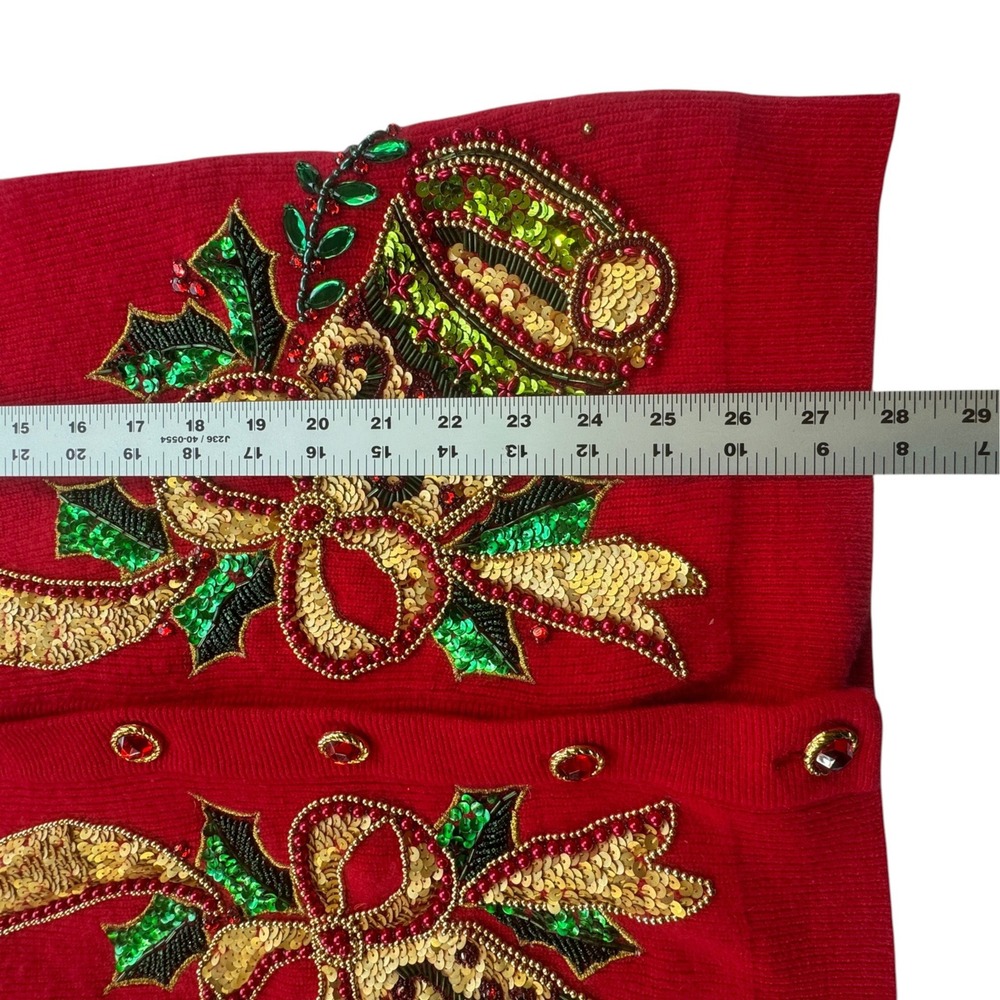 Marisa Christina Classics Christmas Bell Sequin Cardigan Women M Red Sweater VTG - Picture 7 of 13